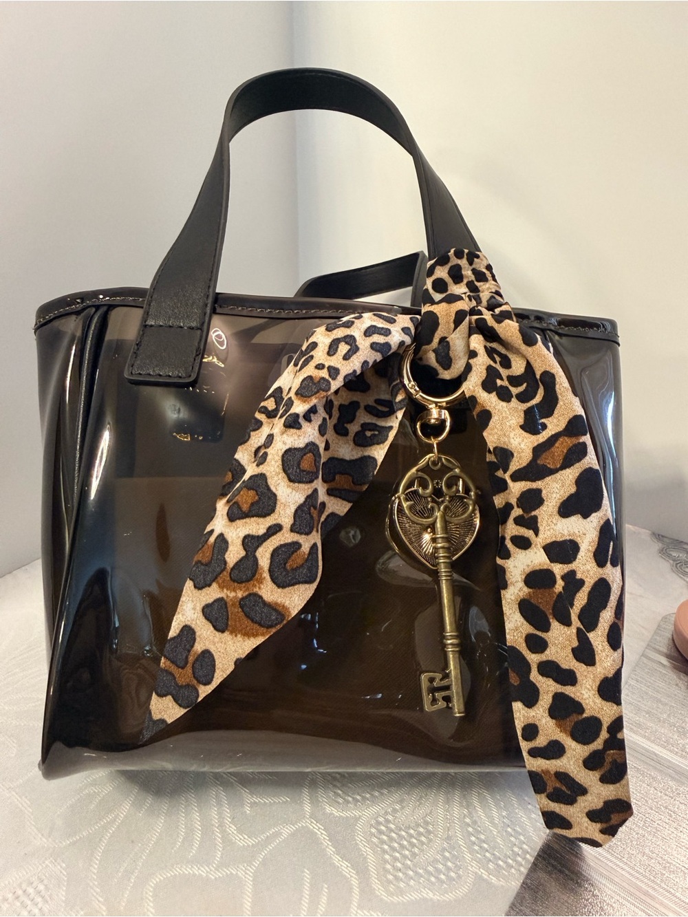 GAP Terra Brown Jelly  Tote with Leopard Scarf and Key Charm Accent.